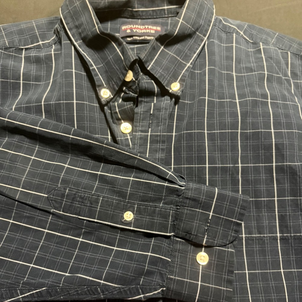 Roundtree & Yorke Mens XL Navy Blue Grid Check 80s Two-Ply Cotton Button Down
